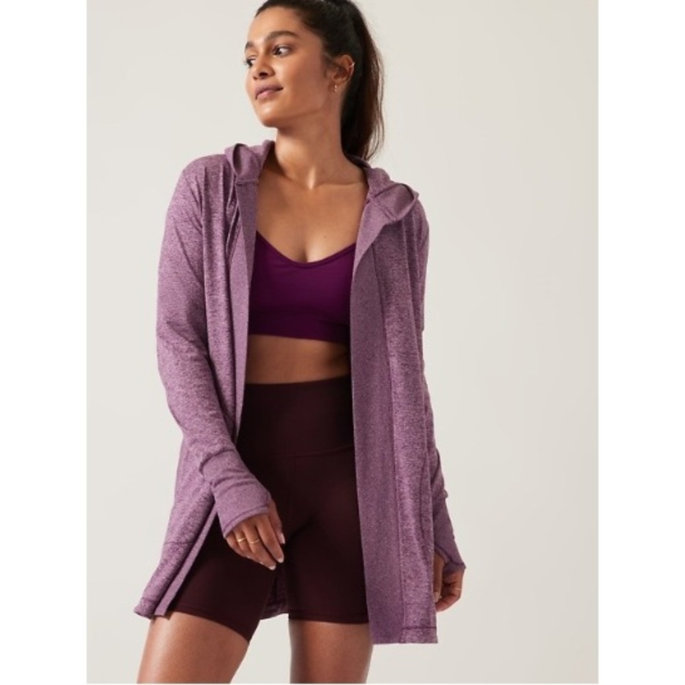 Athleta Uptempo Wrap Pinot Plum Heather Cardigan Hoodie Thumbholes Pockets Small